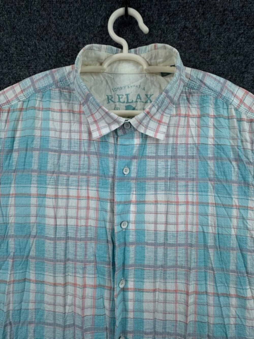 Tommy Bahama Seersucker Textured Relax Short Sleeve XL Cotton Plaid Blue White